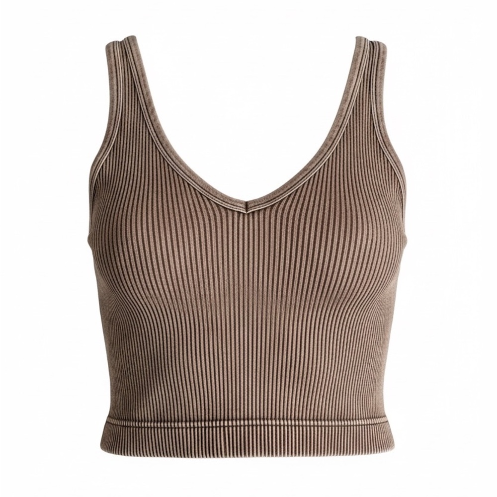 Zenana Outfitters Ribbed V-Neck Crop Tank - Taupe Brown